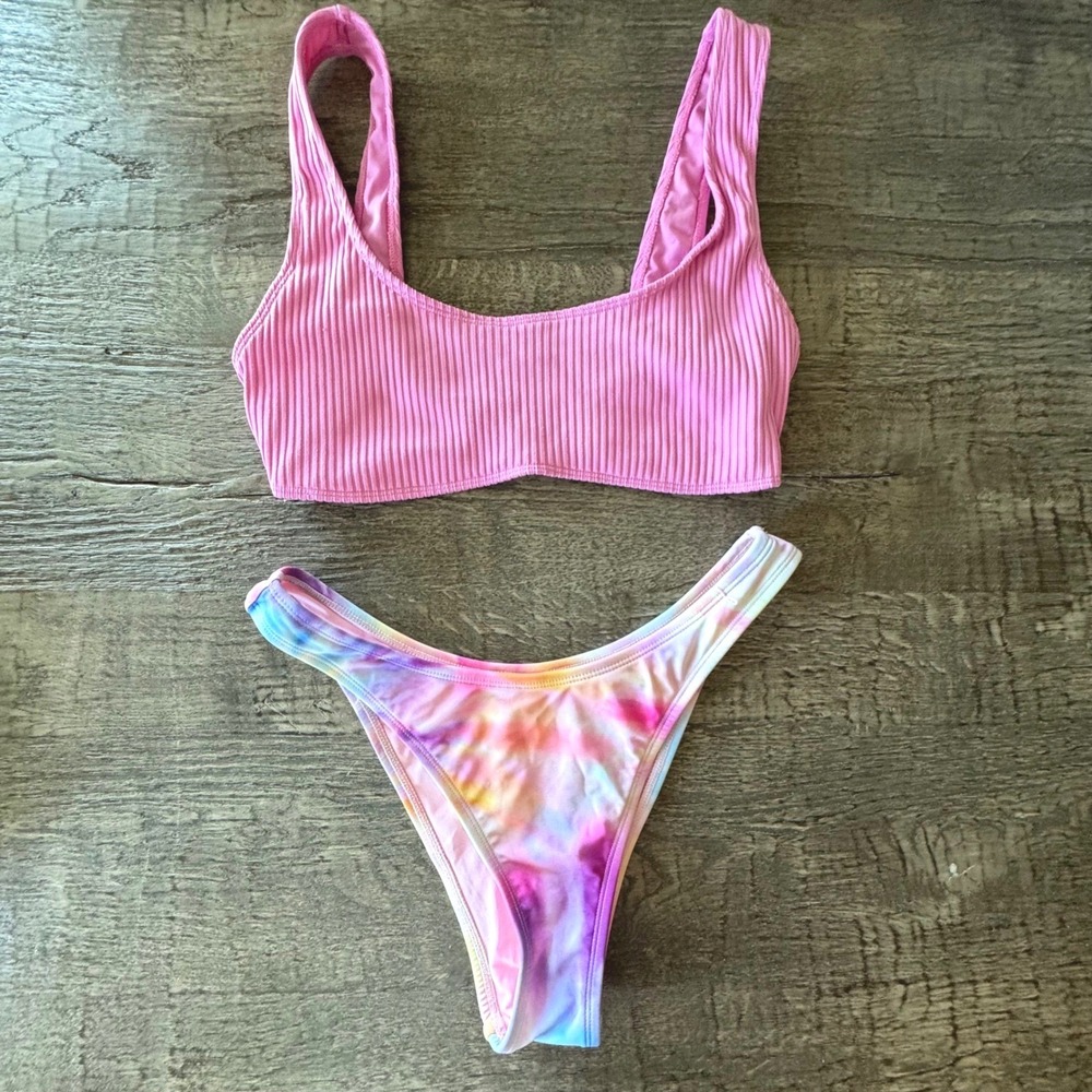 Pink Ribbed Bikini Set Tie Dye Brazilian High Cut Y2K Medium